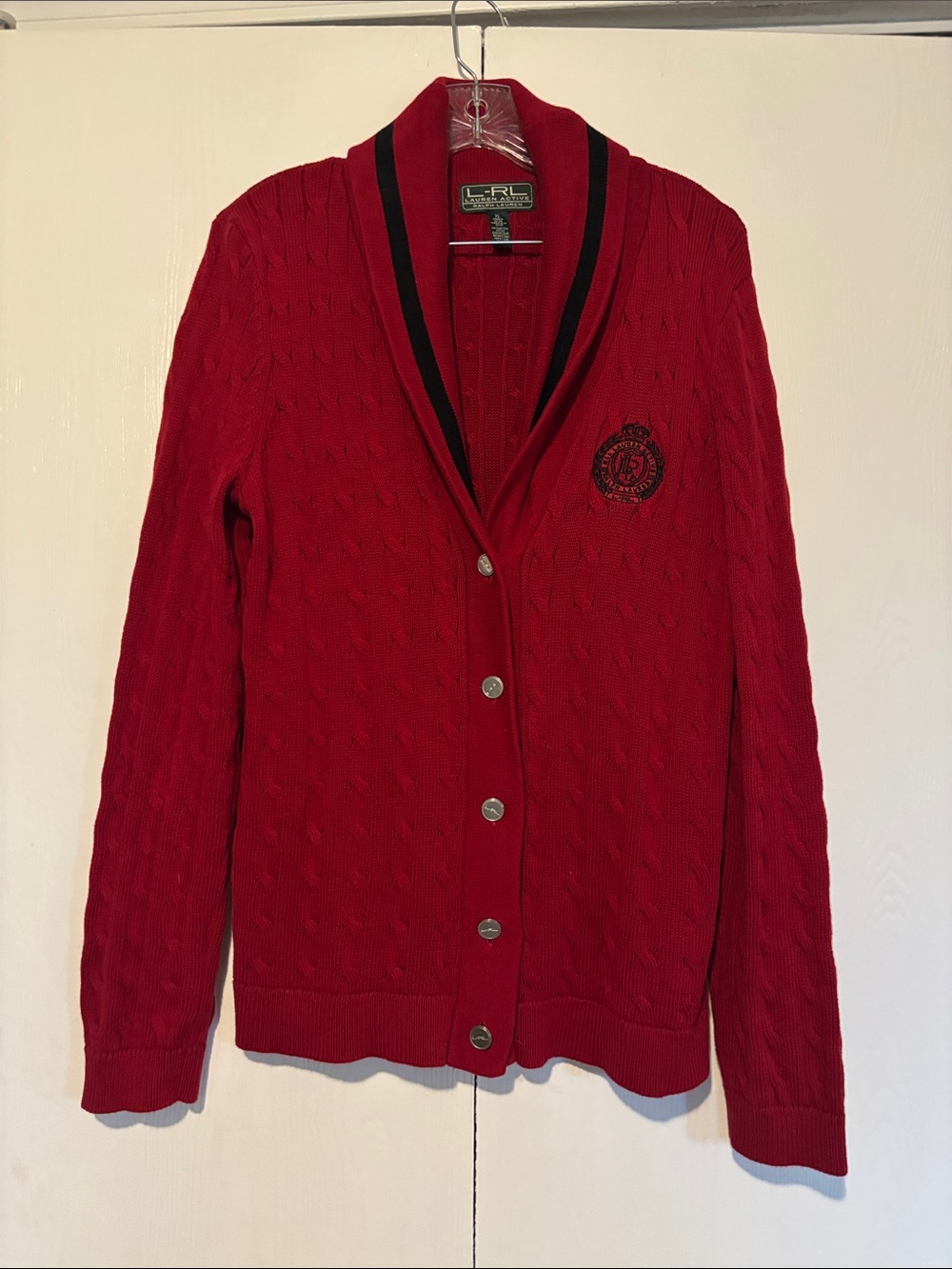 Ralph Lauren Red Cable-Knit Shawl Collar Cardigan with Crest